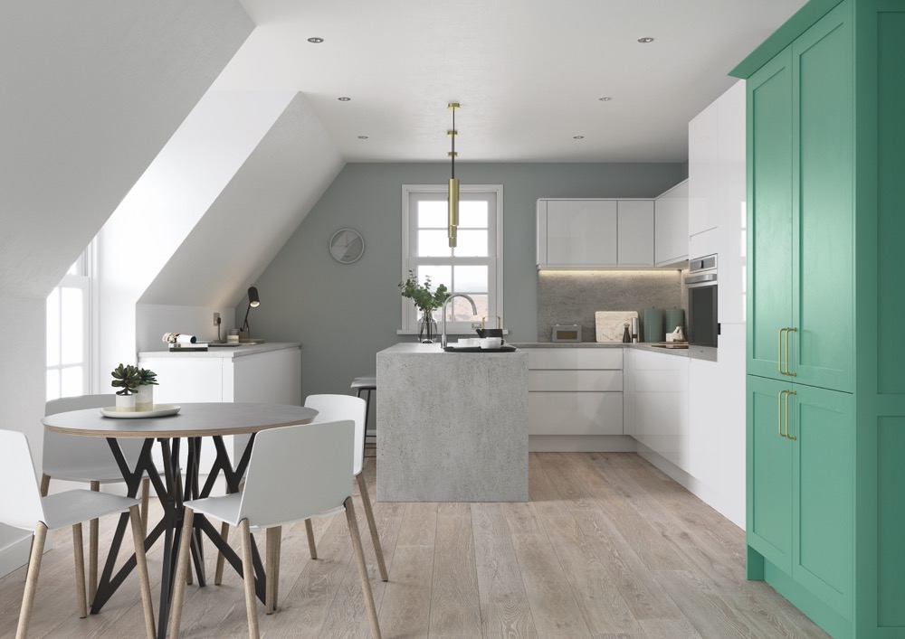 Strada Gloss in White and Aldana CMS Green by Uform