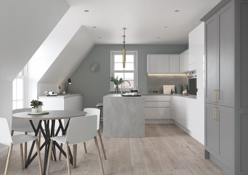 Strada Gloss in White and Aldana Dust Grey by Uform